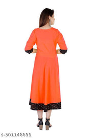 HF HOLYDAY FASHION Cotton Plain and Solid Printed Black Border Anarkali Style Kurti Kurta For Women Latest Design Ladies Dresses Top Round Neck Flared Stylish Party Wear Readymade Frock Fancy Girls Dress 3/4 Sleeve Knee Length Casual Kurtis