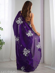 Women's Beautiful Golden Sparkle Silk Sequence Work Saree With Unstiched Blouse ( Purpal )