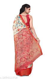 Fashionable Zarina White/Tusser Floral Bright Color Semi-Transparent Cotton Blend Saree with Contrast Matching Unstitched Blouse. Perfect Daily Wear Sadi for Women to gift on occasions