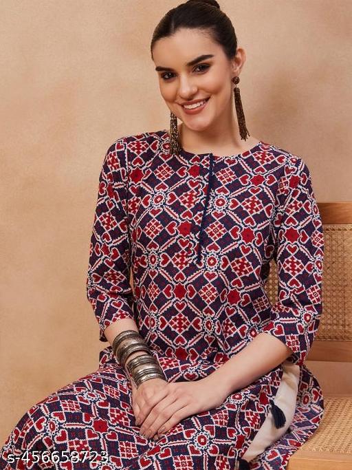 Navy Blue Ethnic Motifs Printed Pure Cotton Straight Kurta