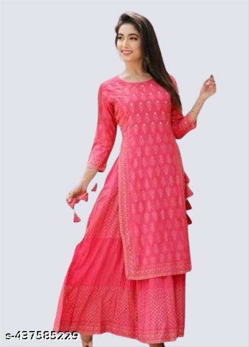Double Layer Viscous Foil Print Kurti For Women