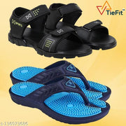 TieFit Men's Accupressure Non-Slip Slippers & Light Weight Sandal Combo Pair Of 2