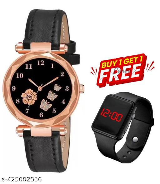 Black Printed Dial Lathers Strap Girls Analog Watch - For Girls