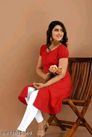 Women's&Girl's "Rayon"  Fashionble v-neck with puff sleeb  stylish kurti(red)
