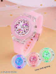 2pcs/Set Girls LED Light-Up Cartoon Unicorn Quartz Watch & Beaded Bracelet|