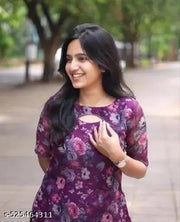 Organza Flower Purple  print kurtis with A-Line Kurtis, Short Sleeve, Organza Fabric Best design
