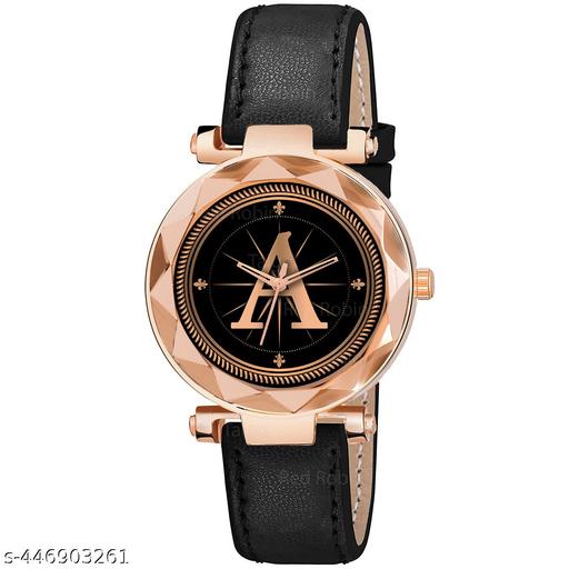Skoal Analog Round Black Dial ALPHABET A Design Stylish Black Leather Strap Classic Design Fancy Wrist Watch for Women and Girls, Pack of 1 - ALPHA-A-GEN-RG-BLK-L