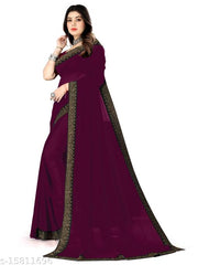 Rovilo Fashion Women's Georgette Hot-Fix Daimod Fil Woven Party Wedding Saree Red Color