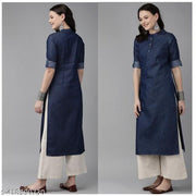 Women's Blue Cotton Denim Straight Kurta
