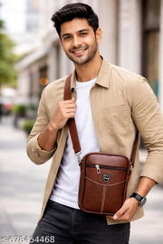 Beige Stylish PU Leather Sling Bag for Men & Women | Regular Crossbody Shoulder Bag | Office, Travel & Daily Use