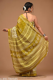 Jaipuri Printed Soft Zari Cotton Mulmul Saree With Attached zari Blouse Piece for Woman