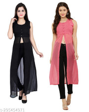 Shimao women Georgette round neck kurti (Black and Pink)