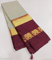 Rajawadi Elegant Elephant Design Cotton Silk Saree With Running Blouse Piece (Chiku & Brown)