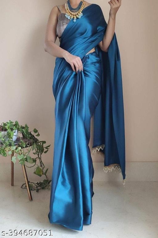 Womens Satin Blend Bollywood Saree With Brocade Blouse Piece