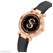 Skoal Analog Round Black Dial ALPHABET S Design Stylish Black Leather Strap Classic Design Fancy Wrist Watch for Women and Girls, Pack of 1 - ALPHA-S-GEN-RG-BLK-L