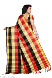 Fabric: Silk texture for a rich look Design: Eye-catching checked pattern Border: Subtle yet attractive metallic gold detailing Occasion: Suitable for weddings, festivals, parties, and traditional events Finish: Soft sheen with premium quality weaving