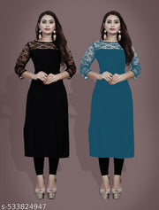 Casual American Crepe And Rasal Net Round Neck 3/4 Sleeves Stylish Pack Of 2 Kurtis For Womans (45"Inches)