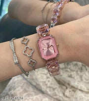 EFS Fashion Brand Wrist Watches Women Girl Beautiful Rectangle Colorful Gems Design Steel Metal Band Clock S72 02 - Rose gold pink