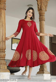 Women Red & Golden Block Print Anarkali Kurta