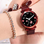 Red New Flower Magnet belt wrist Analog Watch for Girls and Women