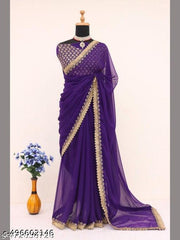 Trending New Georgette Saree With Jari Sequnce Embroidery Work Lace And Blouse  ब्लाउज में वर्क एक साइड में मिलने वाला है