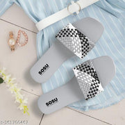 Sosu Women Stylish Grey Black Silver Woven Sliders | Designer Flat Slippers for Women | Trendy Party Wear Fancy Sandals | Comfortable Daily Wear Slides | Lightweight Fashion Chappal