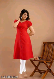 Women's&Girl's "Rayon"  Fashionble v-neck with puff sleeb  stylish kurti(red)