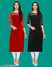Polyster/Crepe fabric-Pack of 1 Casual And Round-Neck 3/4 Length Sleeves Red & Black Kurti (42"Inches)