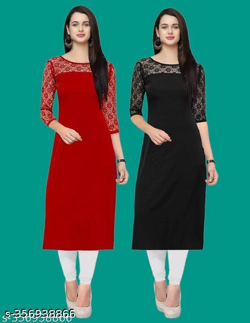 Polyster/Crepe fabric-Pack of 1 Casual And Round-Neck 3/4 Length Sleeves Red & Black Kurti (42"Inches)