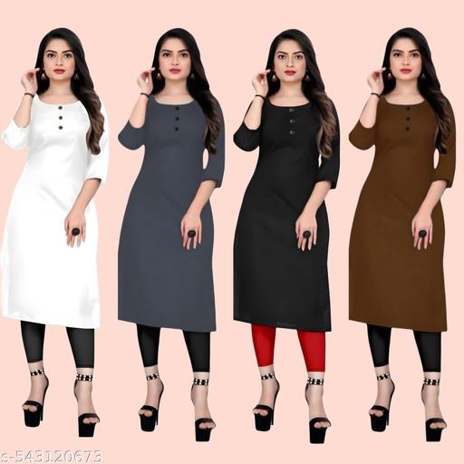 Solid Pack of 4 Casual Ethnic Plain A-Line American Crepe Fabric Light Weight Kurtis For Daily Use in Low Price