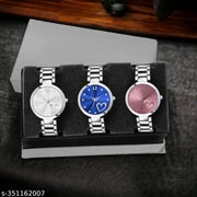 TRENDING MULTI-COLOR (SILVER, BLUE, PINK,) DIAL ANALOG SILVER STAINLESS STEEL STRAP 3 COMBO WATCH ,