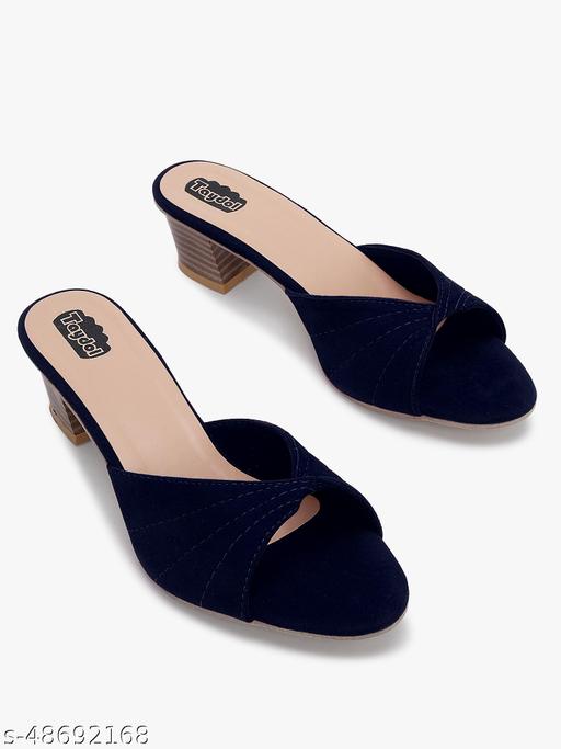 Taydol Women Fancy slip-on Block medium Heel Navy Blue velvet woven design pvc sole open toe Sandal (33)