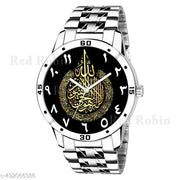 Natrix Analog AYATUL KURSI Design Black Dial Stylish Silver Stainless Steel Strap Wrist Watch for Muslim Men and Boys, Pack of 1 - AYATULKURSI-AVO-SIL-STL | Eid Special Collection