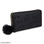  Purse Clutch Wallet for Women - PU Leather Single Zip Card Coin Holder Long Pom Pom