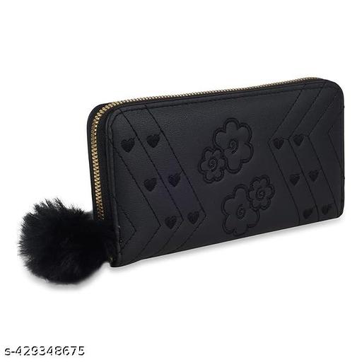  Purse Clutch Wallet for Women - PU Leather Single Zip Card Coin Holder Long Pom Pom