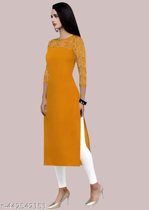 Casual American Crepe And Net Round-Neck 3/4 Length Sleeve Yellow Kurti (45"Inches)
