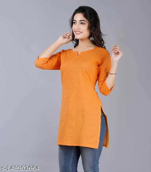 Women Cotton Solid 3/4th Sleeve V-neck Short Kurta-Orenge