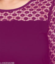 Casual American Crepe And Net Round-Neck 3/4 Length Sleeve Purple Kurti (45"Inches)