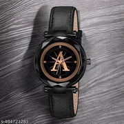 Talgo Analog Round Black Dial ALPHABET A Design Stylish Black Leather Strap Classic Design Fancy Wrist Watch for Women and Girls, Pack of 1 - ALP-A-GEN-BK-BLK-L