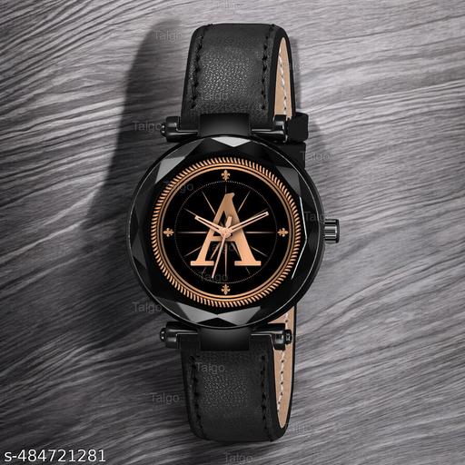 Talgo Analog Round Black Dial ALPHABET A Design Stylish Black Leather Strap Classic Design Fancy Wrist Watch for Women and Girls, Pack of 1 - ALP-A-GEN-BK-BLK-L