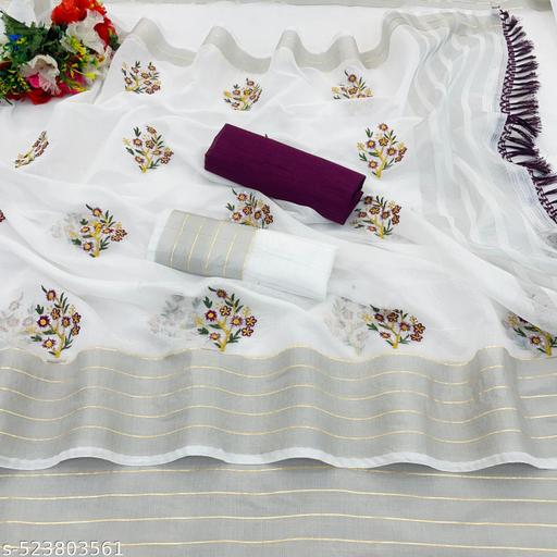 Kasavu Chettinadu Linen Silver Zari Patta Embroidary Saree With Lilen & Banglori Silk Un-Stitched Blouse(Two Blouse In This Saree)