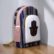 Multicolor Hamsa Hand Backpack with White Front Panel | Evil Eye Spiritual Print School Bag for Girls & Boys | Ethnic Stripe Casual Travel Backpack with Side Pockets & Zipper Closure