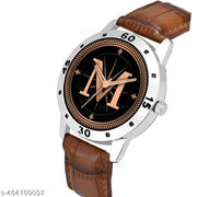 Talgo Analog Round Black Dial ALPHABET M Design Stylish Brown Leather Strap Classic Design Fancy Wrist Watch for Men and Boys, Pack of 1 - ALP-M-AVO-SIL-DBRW-CRL