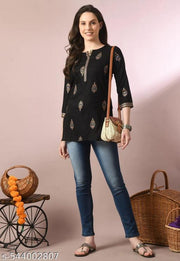 Women's Rayon Black Short Kurti for Casual wear