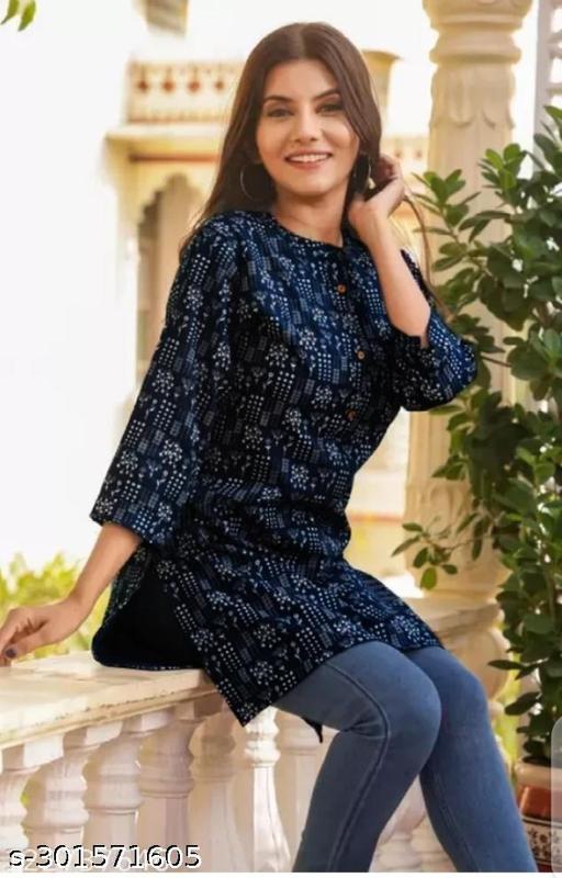 Navay blue Short Kurti, Printed Rayon Kurti For Women, 3/4 Sleeves Kurti for Women & Girls, Party Wear Kurti for Women