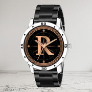 Welix Analog Round Black Dial ALPHABET R Design Stylish Black PU Strap Classic Design Fancy Wrist Watch for Men and Boys, Pack of 1 - ALPHA-R-AVO-SIL-CDBLK