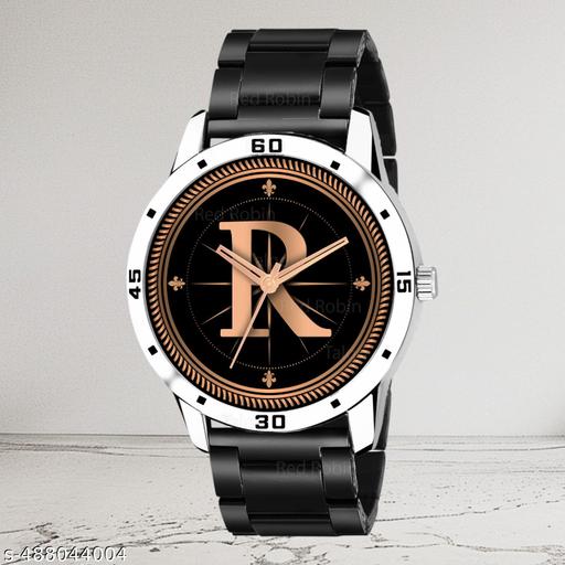Welix Analog Round Black Dial ALPHABET R Design Stylish Black PU Strap Classic Design Fancy Wrist Watch for Men and Boys, Pack of 1 - ALPHA-R-AVO-SIL-CDBLK