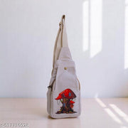 Grey Cotton Canvas Sling Bag for Women & Men | Radha Krishna Print Crossbody Shoulder Bag | Adjustable Strap Casual Travel College Office Multipurpose Side Bag with Zipper Pockets