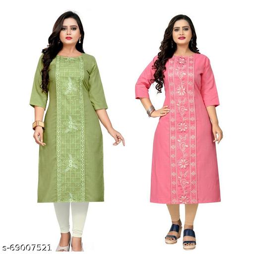 Pack of 2 Women Embroidered Cotton Blend Straight Kurta  (Pink, Light Green)Plus Size
