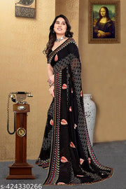 Black Saree with Lace Border, Comfortable Georgette Printed Daily Wear Saree with unstitched Blouse Piece, New Arrival Latest saree, Trending Saree